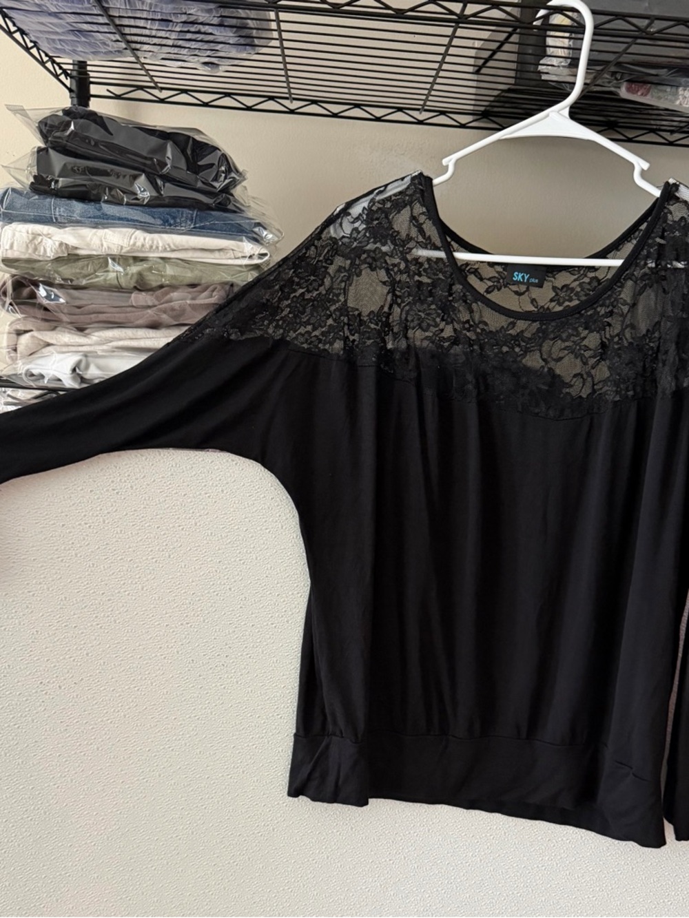 Sky Black Long Sleeve Lace Yoke Top